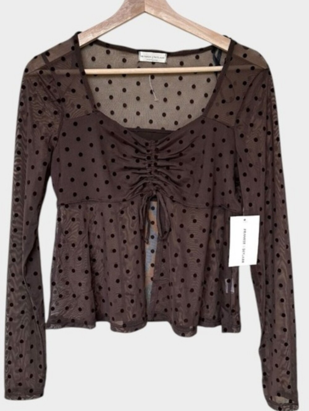 FRANKEE & SKYLARR Brown Velvet Sheer Polka Dot Tie Front Top NWT
